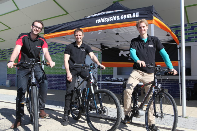 From left to right: Cameron Burke of Bosch, David Hannay from Reid Cycles and Valentin Muenzel at Reid Cycles&rsquo; recent Corratec test ride day in Sydney.